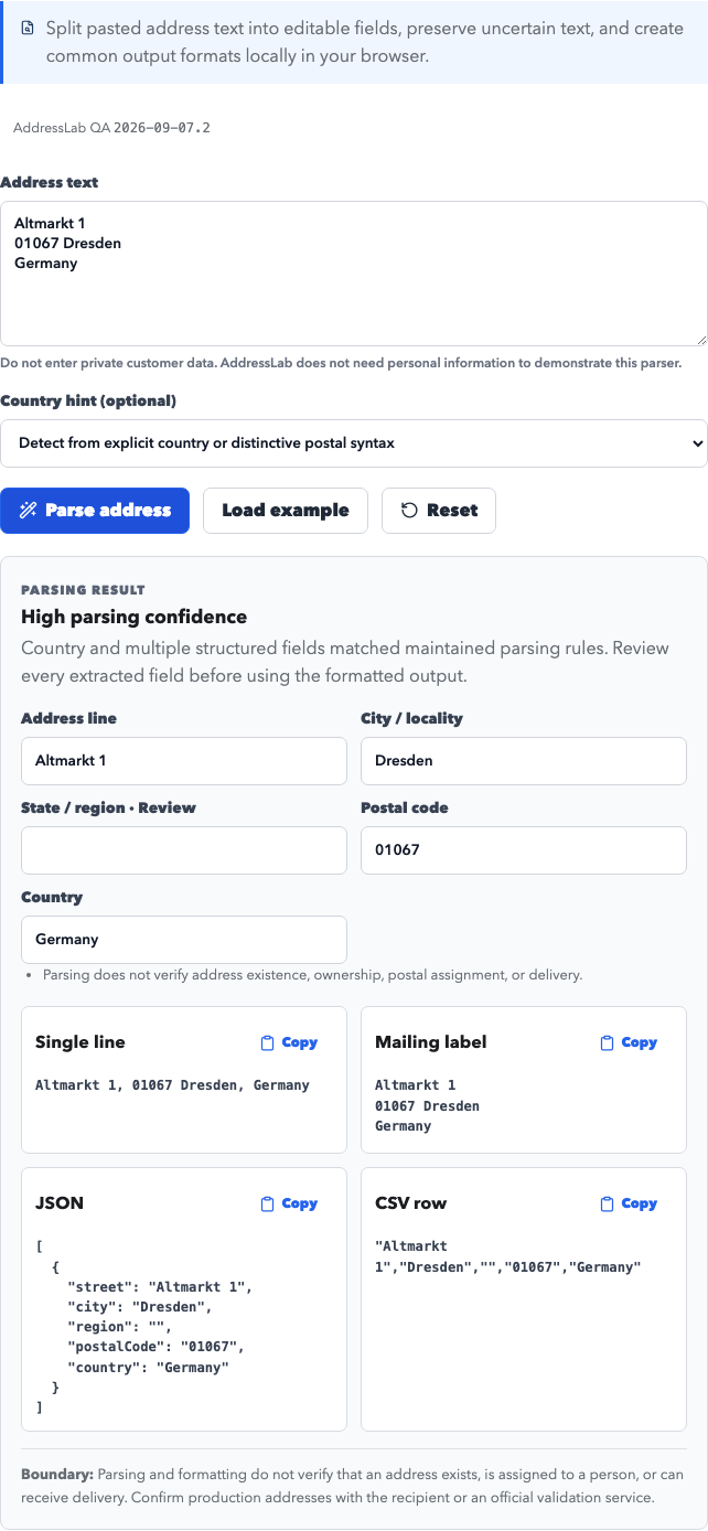 Actual German parsed fields and mailing label