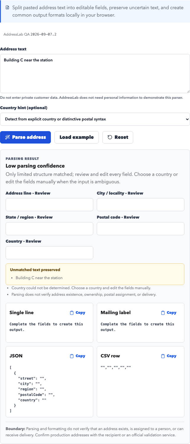 Parser preserves unmatched text at low confidence