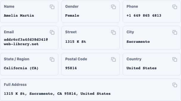 AddressLab field grid with copy buttons for each generated address value