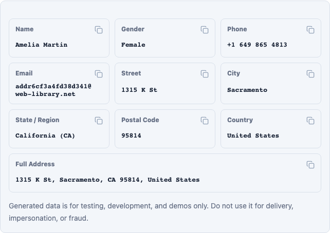 Generated California address with separate Street, City, State, ZIP Code, and Country fields