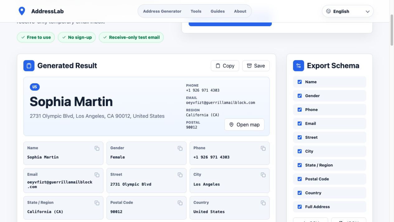 Generated AddressLab record with separate Street, City, State, Postal Code, and Full Address fields